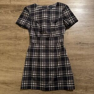 French Connection Plaid Black Gray White Dress Size 2 98% Cotton